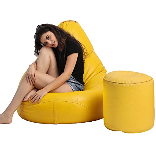 Image of Bean Bag Chair with Footstool Filled with Beans Filler, Faux Leather, Ready to Use, XXXL (Yellow)