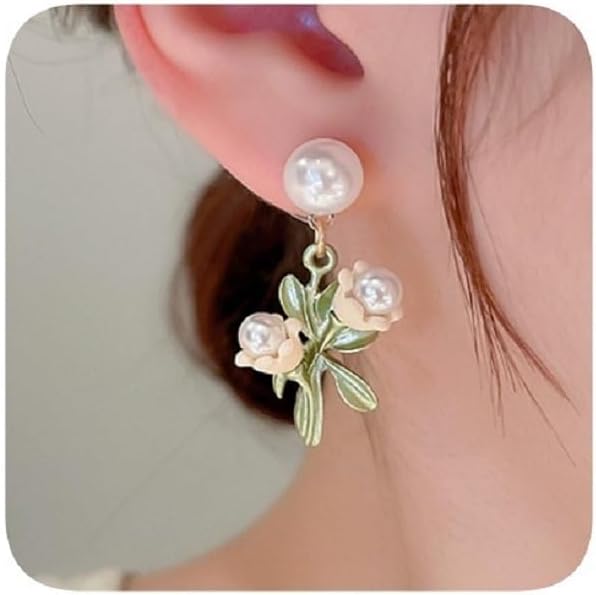 Pearl Flower Drop Earrings, Faux Pearl Studs with Green Leaves, Elegant Dangle Earrings for Women