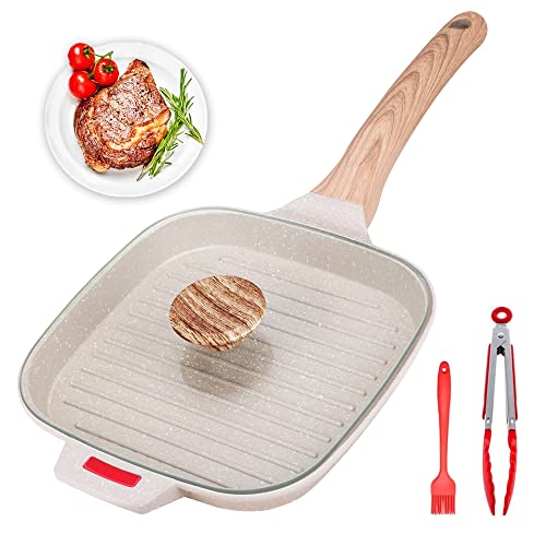 Bobikuke Nonstick Grill Pan,10 Inch Steak Pan Griddle Pan with Glass Lid ,Breakfast Pans for Meats Steak Fish,Gas Stove & Induction Compatible, PFOA & PTFES Free (White)