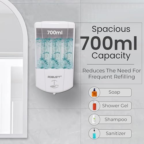 Image of Robustt Automatic Wall Mounted Liquid Soap Dispenser 700 Ml (White, Pack of 1) - with Adhesive Hooks | Easy Installation for Bathroom & Kitchen - Durable ABS Material, Sleek Design