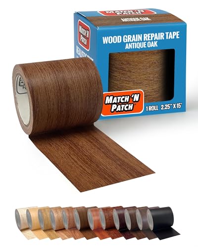 MATCH 'N PATCH Wood Grain Repair Tape - Antique Oak, 2.25 in x 15 ft (1-Pack) – Wood Grain Colored Duct Tape for Mirror Frame, Trim, Borders, Floor and Other Furniture, Scratch Repair Kit