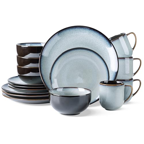 Image of LERATIO Ceramic Dinnerware Sets for 4,16-Piece Reactive Glaze Plates and Bowls Set with Mugs,Highly Chip and Crack Resistant | Dishwasher,Microwave & Oven Safe Dishes set-Gray White