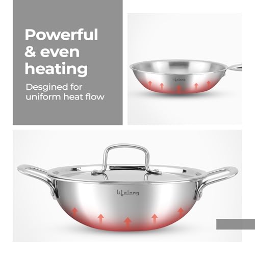 Lifelong Triply 3 piece cookware Set| 22cm Fry Pan (1.25L) & 22cm Triply Kadhai (2L) with Common Steel Lid | Soft Touch Handle | Even Heat... - Image 4