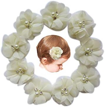Baby Girls Chiffon Flower Hair Clips with Rhinestones and Pearl,YYCRAFT 10 pcs Party Wedding 2" Hair Accessory for Kids Toddler Infant Girls(Ivory)
