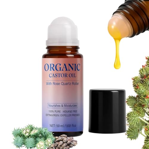 Organic Castor Oil Roll On for Face and Under Eyes, 100% Pure Cold-Pressed Castor Oil, with Roller Ball, Used for Deep Moisturizing, Soothing Puffy Eyes, Nourishing Skin & Hair Care 50ML