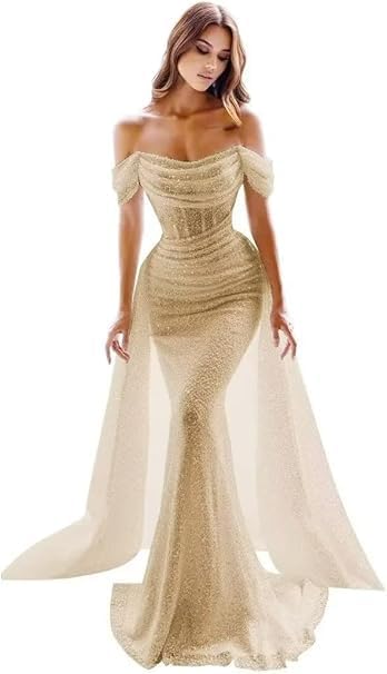 Sparkling Tulle Prom Dresses Off Shoulder Mermaid Long Ball Gown Lace with Detachable Train Backless Evening Formal Gowns