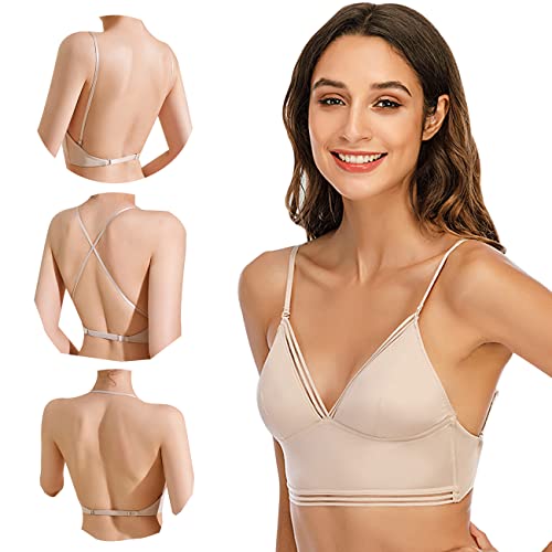 BKEPDY Damen BH mit Tiefem Rücken für Frauen Deep V Multiway Plunge Bra Push-Up BH Unterwäsche Rückenfreier BHS Unterwäsche Abnehmbar Wandelbarer Träger (Beige S (32/70ABC))