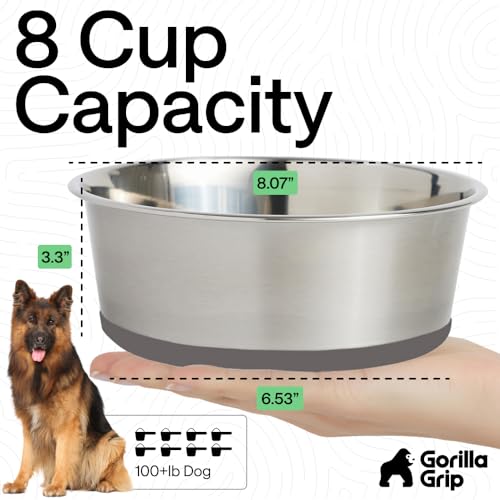 Image of GORILLA GRIP Dog Bowls, Food Grade 304 Stainless Steel, Holds 8 Cups Each (64 fl oz) Food and Water Bowl for Feeding Dogs and Cats, Dishwasher Safe, Rust Resistant, BPA Free Rubber Base Set of 2 Gray
