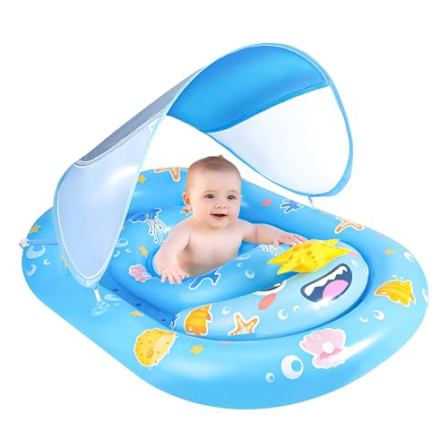 WJWJA Inflatable Kids Pool Floats with Ocean Animal Toys for Babies 6-36 Months, Baby Pool Float with Canopy UPF50 Sun Protection, Infant Swimming Float with Adjustable Safety Seat for Boys and Girls.