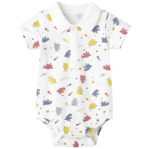 Image of pureborn Baby Boy Polo Short Sleeve Bodysuit - Romper Collared Summer Cotton One-Piece Outfit Space Dinosaur 0-3 Months