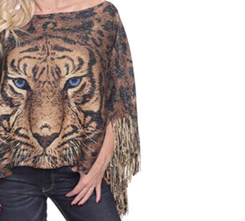 Fashion Secrets Tiger Print Sweater Poncho Cap With Fringes Brown #TOP7