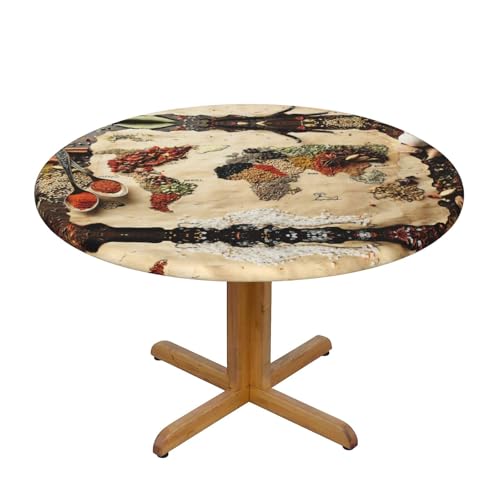 ZKZBDPLK Nappe ronde avec motif carte du monde composée d'épices - Imperméable et résistante aux taches - Avec ourlet élastique - Pour tables circulaires et octogonales