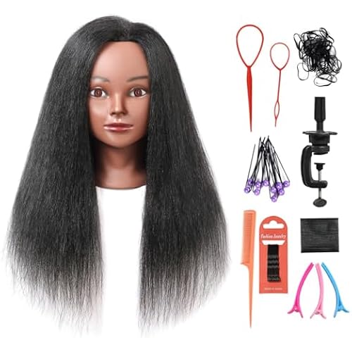 Mannequin Head with 100% Real Hair, 16" Cosmetology Mannequin Manikin Training Practice Doll Head for Hairdresser Braiding Hair Styling Hairdressing with Clamp Holder- Black