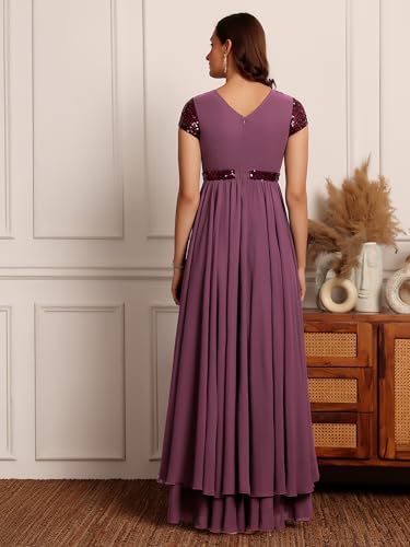 Image of Miss Chase Women's Round Neck Sleeve Embellished Fit Flare Maxi Dress