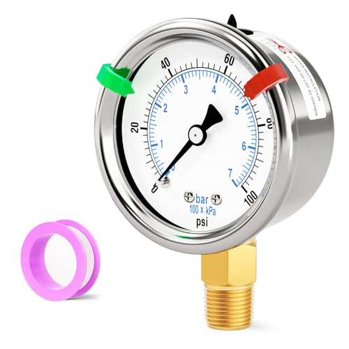 Image of 0-100Psi Stainless Steel Dry Low Pressure Gauge 1 /4 inch NPT 2 inch Dual Scale Dial, Lower Mount, Waterproof for Water Oil Air Well Pump, Tire Gas Pressure Test (with Range Mark Pointer)