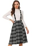 Allegra K Women's Skirts Vintage Plaid Overall Dress A-Line Tartan Suspender Midi Skirt Black Small