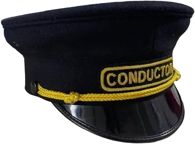 Deluxe Train Conductor Hat, Black with Gold Trim, Professional Railroad Officer Style Cap with Embroidered Badge