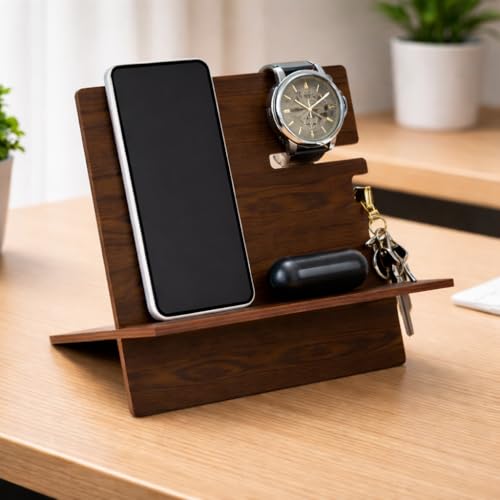 Image of Premium Wooden Docking Station for Men Mobile Stand with Key Hook and Earbud Tray Tabletop Desk Organizer for Office & Home | Size: 11 x 8 x 6 Inch