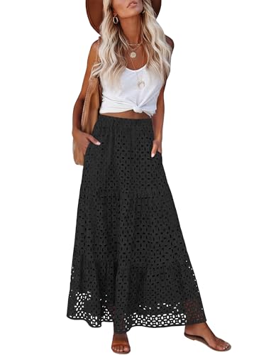ANRABESS Womens Boho Maxi Skirts,Tiered Eyelet High Waist, Flowy &