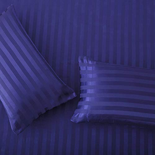 Image of Satin-Silk Sheets King Size Bed Set, Navy Blue Soft Cooling Deep Pocket King Sheets, Hypoallergenic, Wrinkle and Fade Resistant Bedding Set, 3 Piece, Striped
