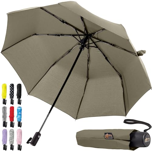 Image of GORILLA GRIP Compact Travel Size Umbrella for Rain, Sleek Design Fits Backpack, Purse and Carry On, Lightweight Under 1lb, One Click Open and Close, Wind Resistant, Durable Waterproof Quick Dry, Beige