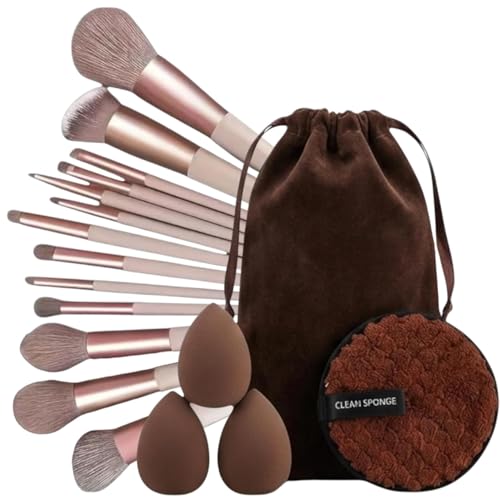 17Pc Makeup Kit Set – Premium 13-Piece Makeup Brush Set with 3 Makeup sponges & 1 Color-Removal Sponge – Soft Synthetic Bristles, Rose Gold & Cream Design with Velvet Travel Pouch – Complete Professional Beauty Tools (Coffee Edition)