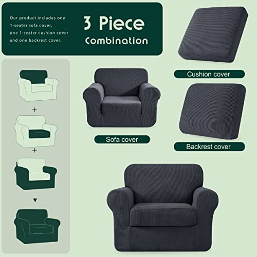 Chun Yi 3 Piece Stretch Armchair Sofa Cover, 1 Seater Couch Slipcover With One Separate Backrest And Cushion With Elastic Band, Checks Spandex Jacquard Fabric(Small,Gray) #TOP2