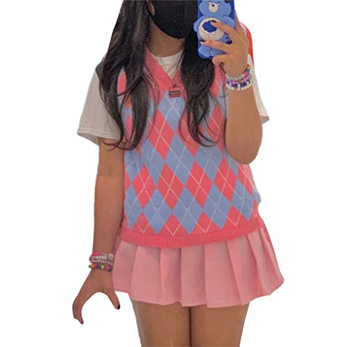 Women Streetwear Preppy Style Knitwear Sleeveless Tank Top V Neck Argyle Plaid Knitted Sweater Vest2