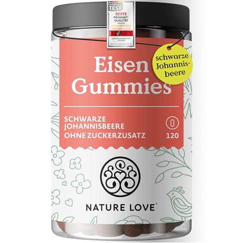 NATURE LOVE® Eisen Gummies – 120 Stück – ohne Zuckerzusatz, 96,5% Fruchtanteil – 6 mg Tagesdosis für Erwachsene, 4 mg für Kinder – Alternative zu Eisentabletten und Kapseln – vegan und laborgeprüft