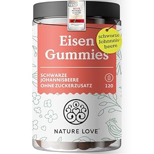 NATURE LOVE® Eisen Gummies – 120 Stück – ohne Zuckerzusatz, 96,5% Fruchtanteil – 6 mg Tagesdosis für Erwachsene, 4 mg für Kinder – Alternative zu Eisentabletten und Kapseln – vegan und laborgeprüft