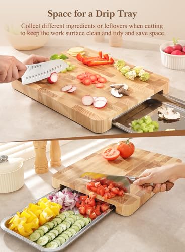 HEZHEN Ashwood Cutting Board, End Wood Grain Chopper Board, Built-in Handle, Space for Drip Tray, Multifunctional Serving Board Serving Tray - Image 5