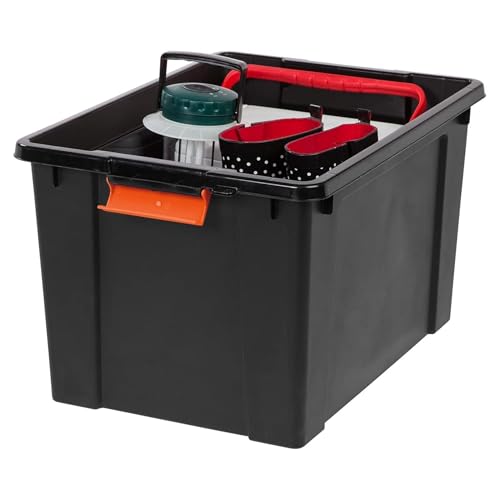 Image of IRIS USA 20 Gallon Lockable Storage Bins with Lids, 4 Pack - Made in USA, Heavy Duty, Stackable Containers, Garage Organizing Bins Moving Tubs, Rugged Sturdy Equipment Utility Box - Black /Orange