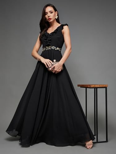 Image of Miss Chase Women's Round Neck Sleeve Embellished Fit Flare Maxi Dress