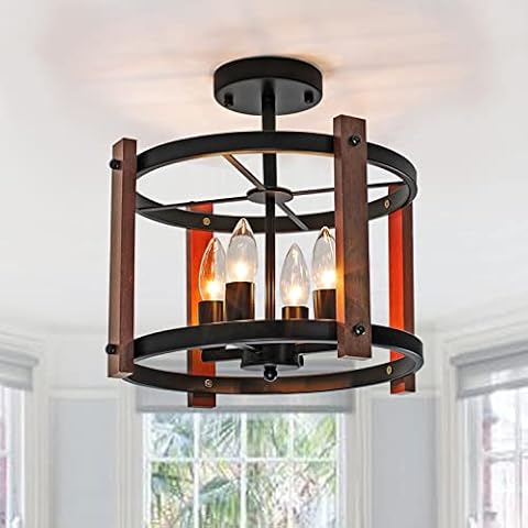 JHLBYL Holz Deckenleuchte Industrial, 4-Flammig Schwarz Metall Deckenlampe Cover