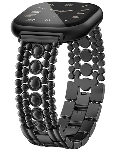 Minyee ���^���o���h Fitbit Versa 3/Sense 2/Versa 4/Sense�o���h���f�B�[�X�p ��i�ȃX�e�����X�X�`�[���� �t�@���V�[�p���N �u���b�N ���߉\�ȃ��E���h�X�^�b�Y�����N�u���X���b�g�����p�X�g���b�v Versa 3�p