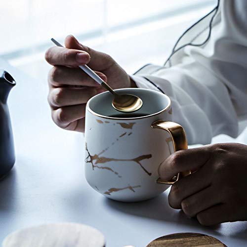 YBK Tech Taza de té de porcelana para té de la tarde – diseño de mármol (blanco, alto 400 ml + tapa de bambú) - Imagen 3