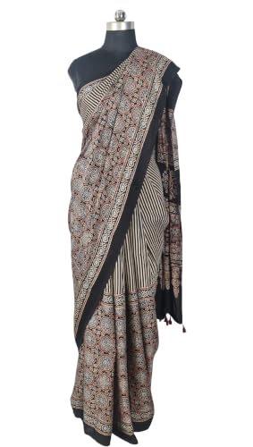 Image of Ethnics of Kutch Womenss Ajrakh Modal Silk Natural Dye Hand Block Print Saree with Blouse Piece - 5.5 Mtr Length