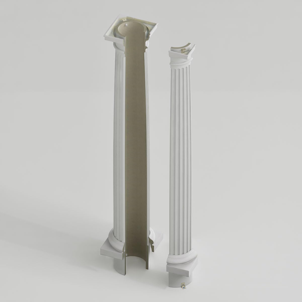 Endura-Stone Round Tapered Fluted Column (FRP), Paint-Grade, Tuscan Capital & Base, 8" Bottom Shaft Diameter x 6 1/2" Top Shaft Diameter x 8' Overall Height - 1/4 Cut Out for Inside Corner (Plan Q)