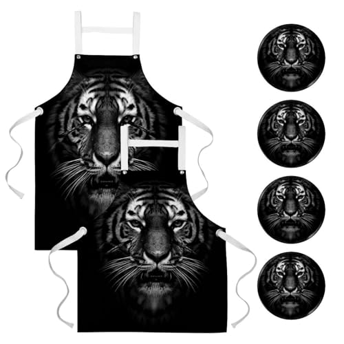 Tablier de cuisine tigre sauvage sur fond noir avec 4 broches de décoration uniques