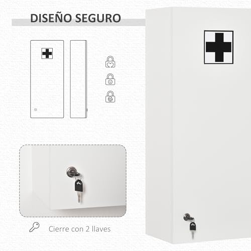 Miniatura 6 de Kleankin Botiquín De Pared De Primeros Auxilios, Botiquín De Medicinas De 5 Niveles Con Estantes Ajustables De Vidrio, Cerradura Y 2 Llaves, Para Baño, Cocina, 30x20x70 Cm, Blanco