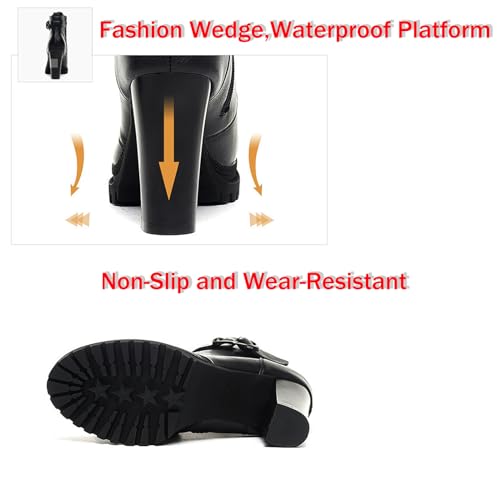 Women's Platform Block High Heel Ankle Boots with Leather Buckle,Autumn Winter Warm Lining Fashion Round-Toe Lace-Up Side Zipper Chunky High Heels Gothic Booties4
