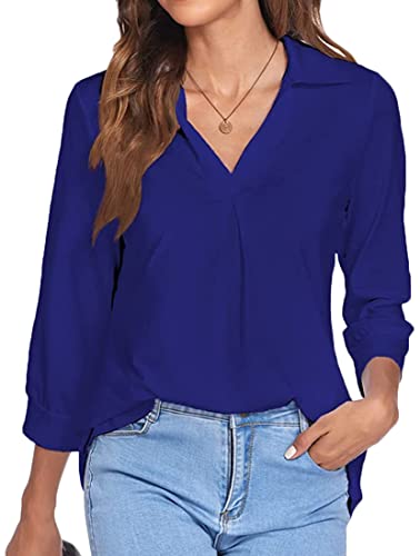 FLYCHEN Blusas para Mujer Camisa de Mujer de Color Liso de Manga Larga Manga de Nueve Puntos Cuello en V Manga Larga Estilo OL Blusa de Manga Larga de Pico, Zafiro, L Cover