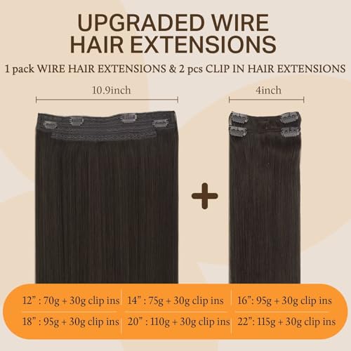 Image of DOORES Wire Hair Extensions, Dark Brown 22 Inch 120g Fish Line Weft Extensions and 2pcs 30g Clip ins, 150g Invisible Wire Real Remy Human Weft Straight Transparent Seamless Hairpiece