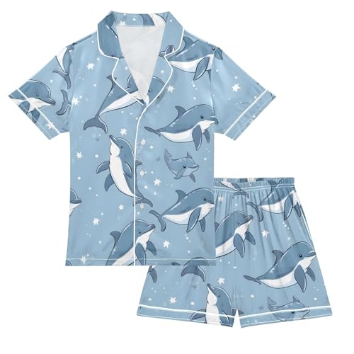 ALAZA Cute Dolphin Polka Dot Satin Pajamas Set Short Sleeve Button Down Sleepwear Summer Pjs 2 Piece