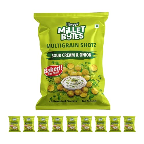 Image of Manna Multigrain Snacks, Pack of 10, Sour Cream & Onion Baked, No Palm Oil, No Maida Millet Bytes Multigrain Shotz
