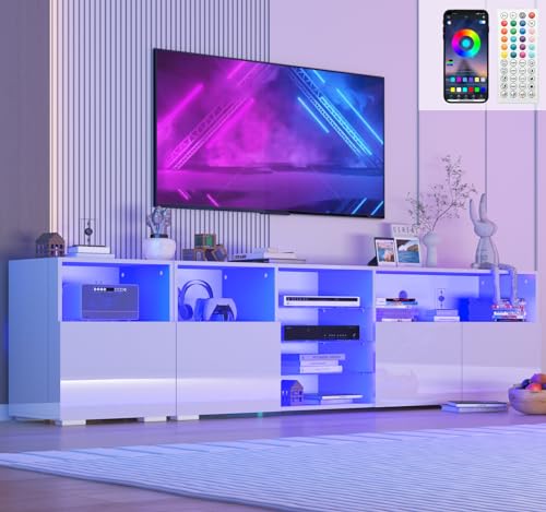For 75/80/85inch Tv,high Glossy Modern Tv Stand For Living Room,tv Entertainment Center With Adjustable Storage Shelf,rgb Led Lighting,tv Console(white)