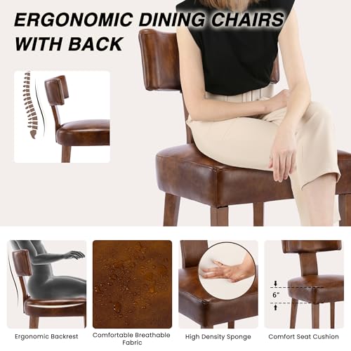 HNY Century Modern Dining Chairs Set of 4, Farmhouse PU Leather Upholstered Accent Chair Curved Backrest Kitchen Chairs, with Hardwood Frame, Brown 4PC