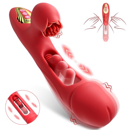 Image of Internal Thrusting Vibrator for Women, Rabbit G-Spot Dildo with Rose Clitoral Stimulator, 9 Vibration & Thrusting Modes, Realistic Silicone Adult Toy for Women & Couples