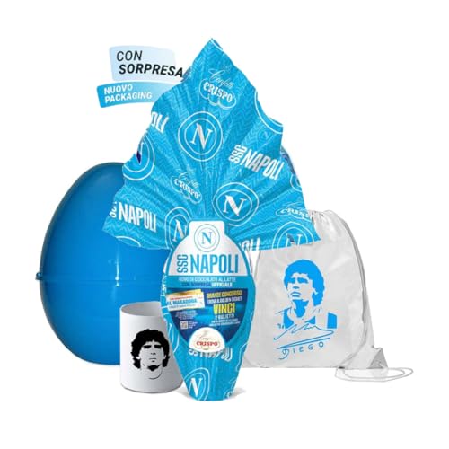 Set Uovo di Pasqua Napoli con guscio apribile e gadget uovo di cioccolato 350g con tazza in ceramica e sacca...