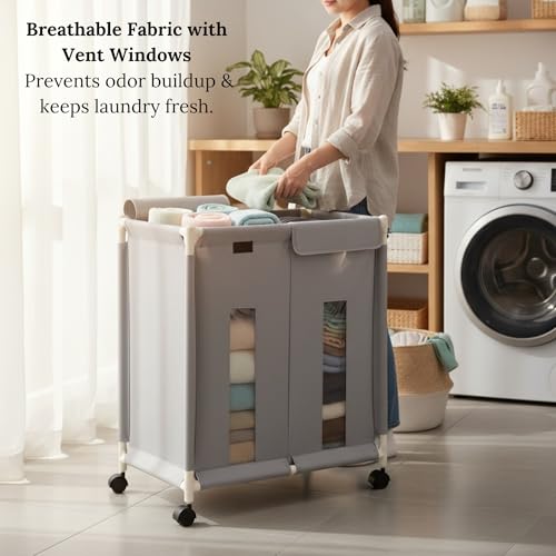 Image of 2-Section Laundry Basket with Wheels | 130L Rolling Laundry Hamper with Lid Cover | Foldable Oxford Fabric Laundry Bin for Clothes Sorting | Durable, Portable & Dustproof Organizer (Grey)